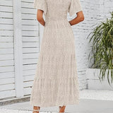 👗Női virágmintás, rövid lobogó ujjú, smockolt, magas derekú maxi ruha