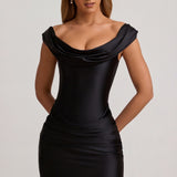 Fekete Selyem Off-Shoulder Mini Ruha Drapé