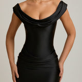 Fekete Selyem Off-Shoulder Mini Ruha Drapé
