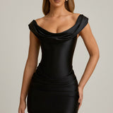 Fekete Selyem Off-Shoulder Mini Ruha Drapé
