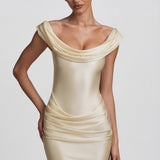 Elefántcsont Színű Off-Shoulder Drapé Mini Ruha Szatén Anyagból