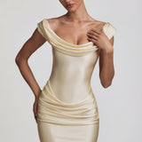 Elefántcsont Színű Off-Shoulder Drapé Mini Ruha Szatén Anyagból