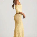 Bouclé Off-Shoulder Maxi Dress in Yellow