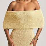 Bouclé Off-Shoulder Maxi Dress in Yellow