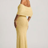 Bouclé Off-Shoulder Maxi Dress in Yellow