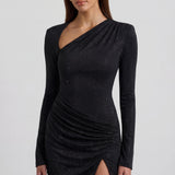 Fekete Díszített Aszimmetrikus Bodycon Mini Ruha