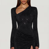 Fekete Díszített Aszimmetrikus Bodycon Mini Ruha