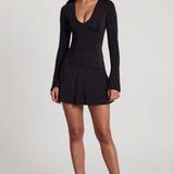 Black Soft Jersey Scoop Neck Flared Mini Dress