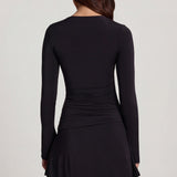 Black Soft Jersey Scoop Neck Flared Mini Dress