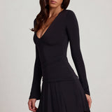 Black Soft Jersey Scoop Neck Flared Mini Dress