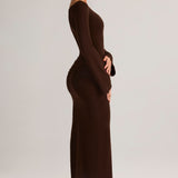 Csokoládébarna Rib-Knit Hosszú Ujjú Maxi Ruha Hajónyakkal