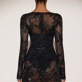 Fekete áttetsző, díszített bodysuit fűző mini ruha