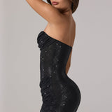 Fekete Díszes Bandeau Mini Ruha Cowl-Waist Részletekkel