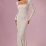 Lace Long Sleeve Maxi Dress in Pearl Color