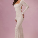 Lace Long Sleeve Maxi Dress in Pearl Color