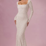 Lace Long Sleeve Maxi Dress in Pearl Color