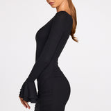 Fekete Csíkos Hosszú Ujjú Drapé Mini Ruha Modal Anyagból