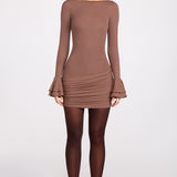 Ribbed Modal Long Sleeve Draped Mini Dress in Mocha