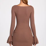 Ribbed Modal Long Sleeve Draped Mini Dress in Mocha