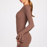 Ribbed Modal Long Sleeve Draped Mini Dress in Mocha