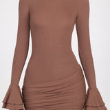 Ribbed Modal Long Sleeve Draped Mini Dress in Mocha
