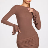 Ribbed Modal Long Sleeve Draped Mini Dress in Mocha