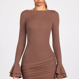 Ribbed Modal Long Sleeve Draped Mini Dress in Mocha