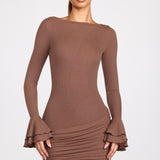 Ribbed Modal Long Sleeve Draped Mini Dress in Mocha