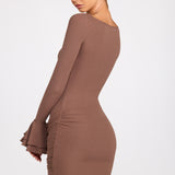 Ribbed Modal Long Sleeve Draped Mini Dress in Mocha