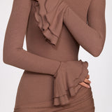Ribbed Modal Long Sleeve Draped Mini Dress in Mocha