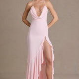 Baby Pink Chiffon Cowl-Neck Gown with Open Back