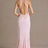Baby Pink Chiffon Cowl-Neck Gown with Open Back