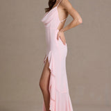 Baby Pink Chiffon Cowl-Neck Gown with Open Back