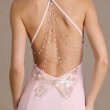Baby Pink Chiffon Cowl-Neck Gown with Open Back