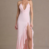 Baby Pink Chiffon Cowl-Neck Gown with Open Back