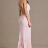 Baby Pink Chiffon Cowl-Neck Gown with Open Back