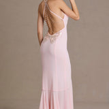 Baby Pink Chiffon Cowl-Neck Gown with Open Back