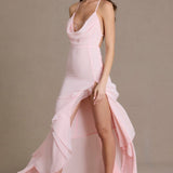Baby Pink Chiffon Cowl-Neck Gown with Open Back