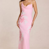 Rózsaszín Virágos Chiffon Maxi Ruha
