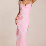 Rózsaszín Virágos Chiffon Maxi Ruha