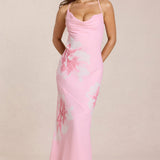 Rózsaszín Virágos Chiffon Maxi Ruha