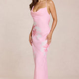 Rózsaszín Virágos Chiffon Maxi Ruha