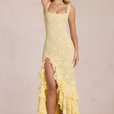 Lemon Yellow Lace Rose Maxi Dress