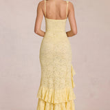 Lemon Yellow Lace Rose Maxi Dress