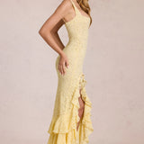 Lemon Yellow Lace Rose Maxi Dress