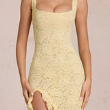Lemon Yellow Lace Rose Maxi Dress