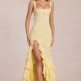 Lemon Yellow Lace Rose Maxi Dress