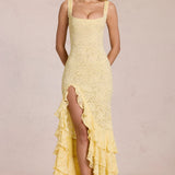 Lemon Yellow Lace Rose Maxi Dress