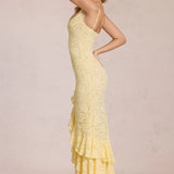 Lemon Yellow Lace Rose Maxi Dress