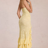 Lemon Yellow Lace Rose Maxi Dress